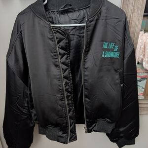 Black Bomber Jacket with Embroidered Text